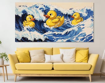 Rubber Ducks Surfing on the Waves Hokusai Style Painting Printed on Canvas, Abstract Japanese Wall Art, Japanese Painting, Bathroom Decor