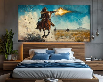 Wild West Painting Printed on Canvas, Cowboy Shooting from Horse Canvas Print, Cowboy Gift, Western Fan Gift, Western Wall Decor