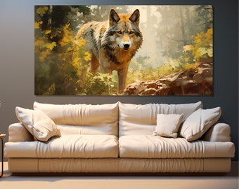 Mystical Wolf Painting Printed on Canvas, Wolf in Forest Canvas Print, Hunting Wall Art, Bedroom Wall Decor, Wolf Wall Art