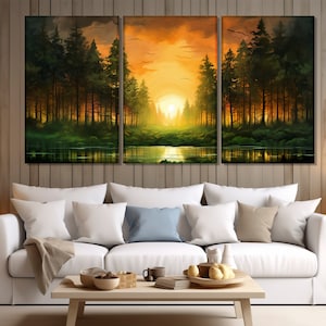 Forest Lake Sunset Painting Printed on Canvas, Large Forest Canvas ...