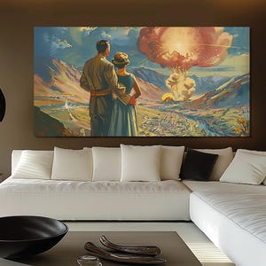 Póster retro de pareja mirando el fin del mundo, impresión en lienzo de explosión nuclear, impresión de guerra retro, arte mural militar, arte en lienzo de guerra nuclear
