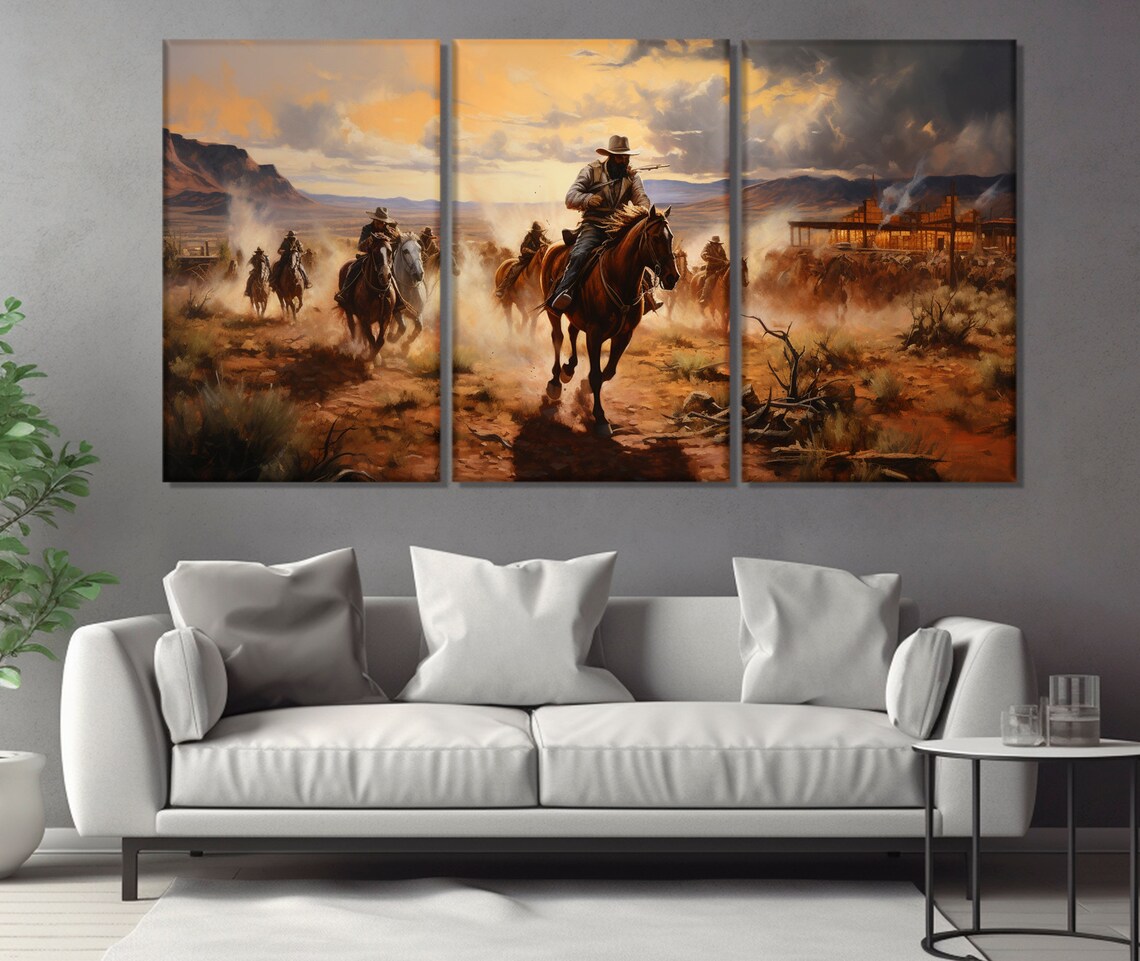 Cowboys Riding in Desert Canvas Print, Wild West Wall Art, Cowboy Gift ...