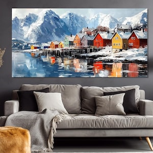 Scandinavian Houses Painting Printed on Canvas, Norway Canvas Print, Scenic Winter Landscape, Norway Poster, Scandinavian Wall Decor
