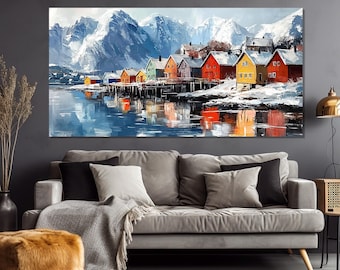 Scandinavian Houses Painting Printed on Canvas, Norway Canvas Print, Scenic Winter Landscape, Norway Poster, Scandinavian Wall Decor