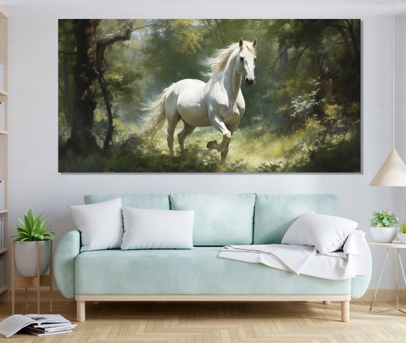 白馬のキャンバスプリント、森の中の大きな馬の絵画、馬の壁アート