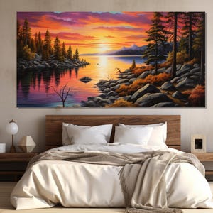 Lake Tahoe Sunset Painting Printed on Canvas, Lake Tahoe in Sierra Nevada Canvas Print, Lake Tahoe Wall Art, Lake Tahoe Poster