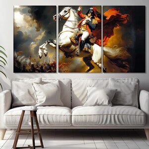 May include: A painting of a man on a white horse, wearing a red and gold uniform, riding through a battlefield. The man is holding a sword in his right hand and has a red cape flowing behind him.