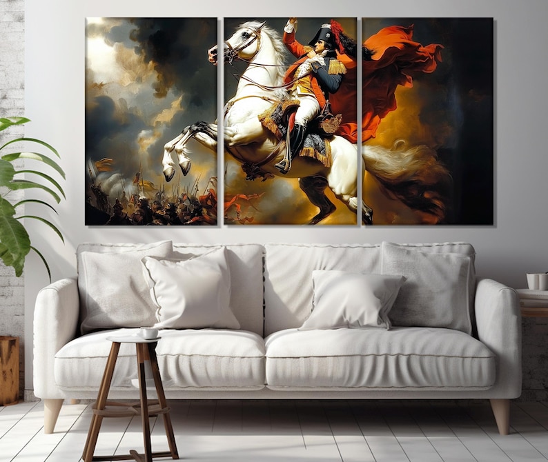 May include: A painting of a man on a white horse, wearing a red and gold uniform, riding through a battlefield. The man is holding a sword in his right hand and has a red cape flowing behind him.