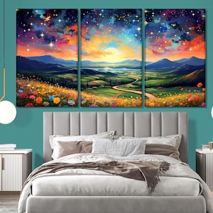 Impresión en lienzo de cielo estrellado nocturno sobre un campo de flores silvestres, pintura de acuarela de un campo de flores silvestres de colores, arte mural natural, decoración floral de pared