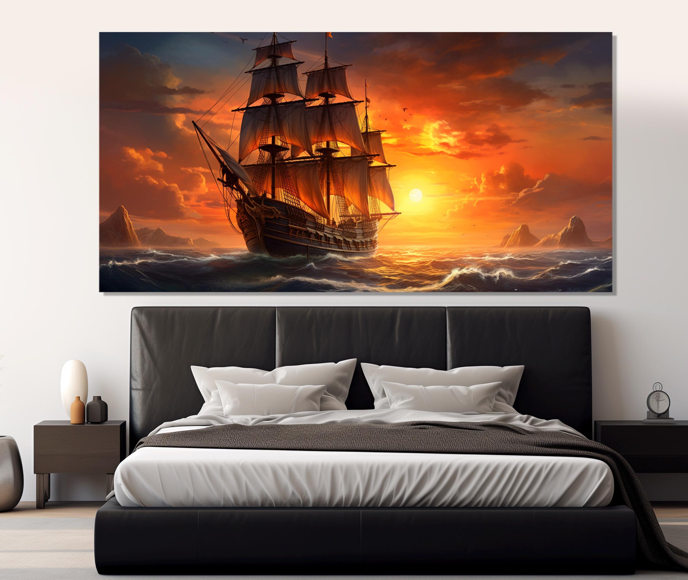 Vintage Sailboat on Sunset Painting Printed on Canvas, Pirate Ship on Waves Canvas Print, Ghost Ship Painting, Sailing Wall Art, Ship Poster