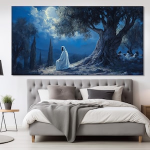 Jesus in Garden of Gethsemane Painting Printed on Canvas, Holy Bible Scene Canvas Print, Agony in the Garden Poster, Roman Catholic Wall Art