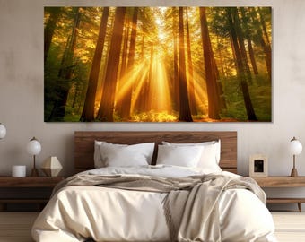 Morning Sunrays in Forest Canvas Print, Forest Landscape, Sunrise in Forest Wall Art, Sunny Forest Poster, Nature Landscape, Trees Canvas