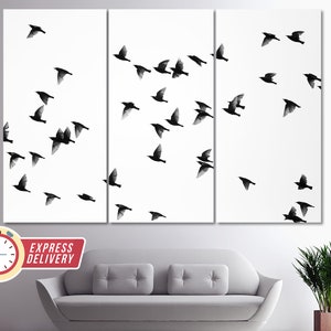 Obra de arte en lienzo en blanco y negro, arte mural abstracto, impresión en lienzo de pájaros, minimalismo moderno, regalo de moda, póster de pájaros, arte mural de pájaros