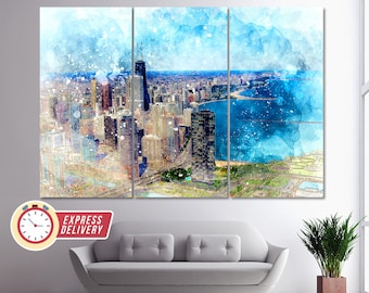 May include: A watercolor painting of a cityscape with a blue lake in the foreground. The city is made up of tall buildings and skyscrapers. The painting is divided into three panels.