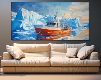 Old Fishing Boat in the Glaciers Painting Printed on Canvas, Boat Painting, Nautical Wall Art, Fishing Boat Poster, Winter Fishing Wall Art