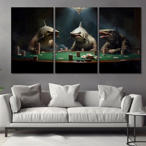 Impressão em tela de tubarões na mesa de pôquer, pintura abstrata de pôquer, arte de parede de pôquer, presente para jogador de pôquer, decoração de parede de pôquer, arte de parede de cassino