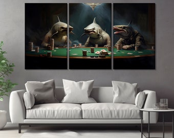 May include: Three sharks playing poker at a green felt table. The sharks are wearing suits and have human-like expressions. The table is covered in chips and cards.