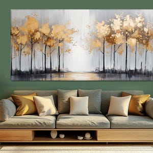 Dipinto astratto di alberi dorati stampato su tela, poster minimalista di alberi con foglie dorate, arte murale astratta della foresta autunnale