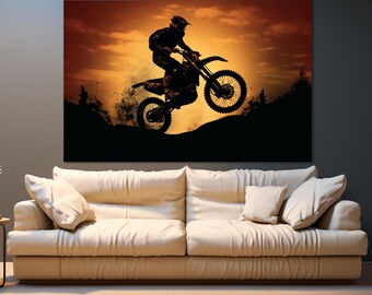 Arte murale di motocross, stampa su tela con silhouette di motocross, regalo per motociclisti, tela con moto da cross, foto di motocross, poster di salto di motocross