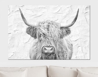 Highland Cow on Rustic Wall Background Canvas Print, Modern Minimalist Wall Art, Black and White Cow Canvas Art