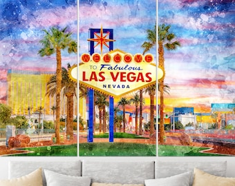 May include: A watercolor painting of the iconic "Welcome to Fabulous Las Vegas" sign with palm trees and a cityscape in the background. The sky is a vibrant pink and blue with white clouds.