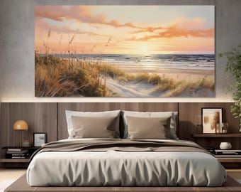 Seaside Grass at Sandy Dunes on Beach Painting Printed on Canvas, Scenic Beach Sunset Wall Art, Rustic Beach Painting, Wild Beach Poster
