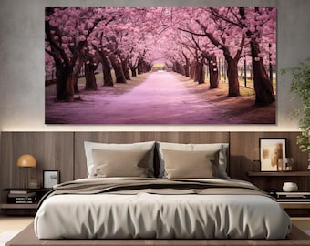 Pink Cherry Blossom Path Canvas Print, Cherry Blossom Painting, Pink Blossom Landscape, Pink Wall Art, Cherry Trees Canvas, Cherry Poster
