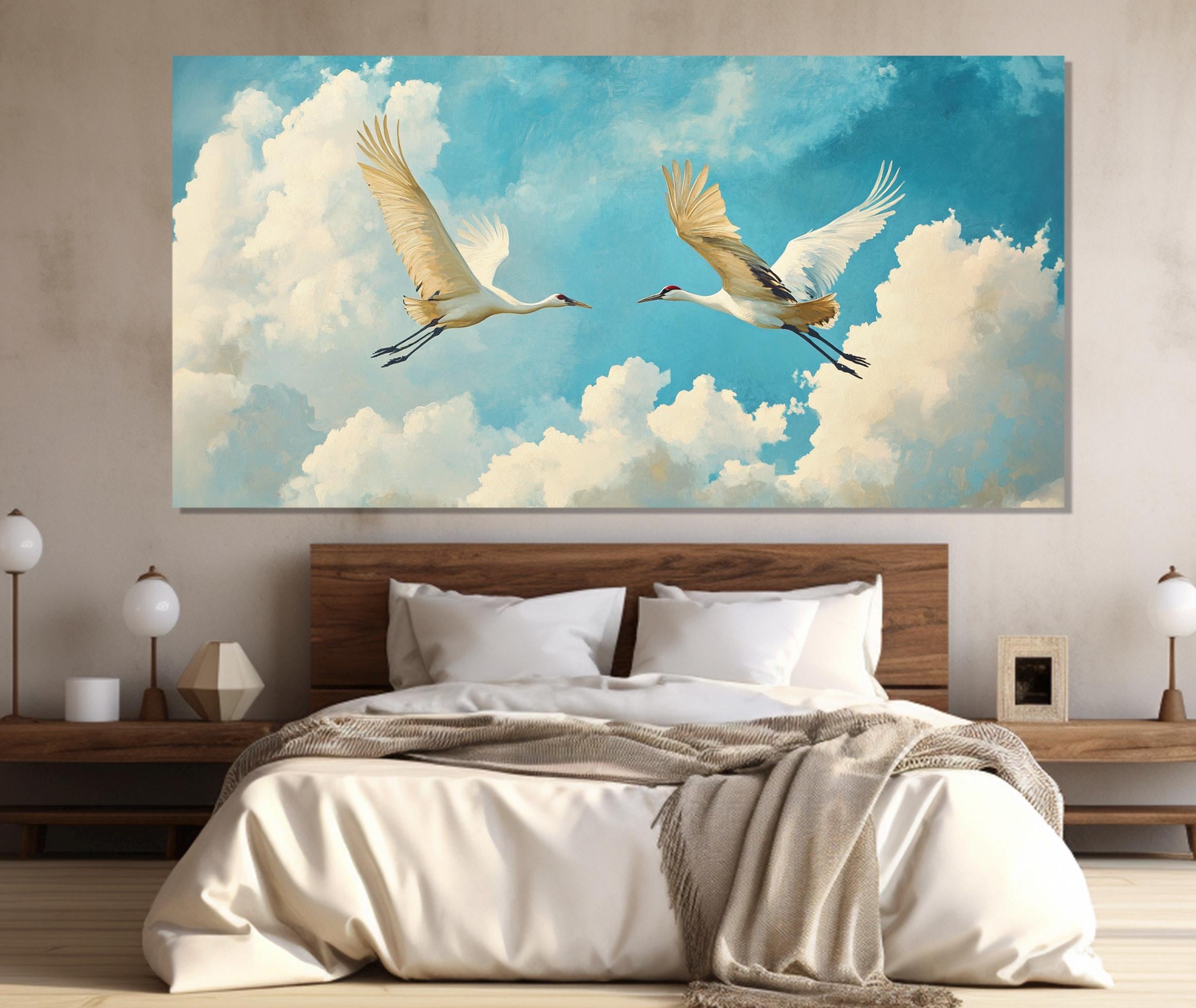 【原画】『Crane in the Clouds』 Cranes Flying in the Sky Canvas Print, Cranes in Clouds Painting