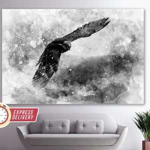 May include: A black and white watercolor painting of a hawk in flight. The hawk is silhouetted against a cloudy sky with a watercolor background.