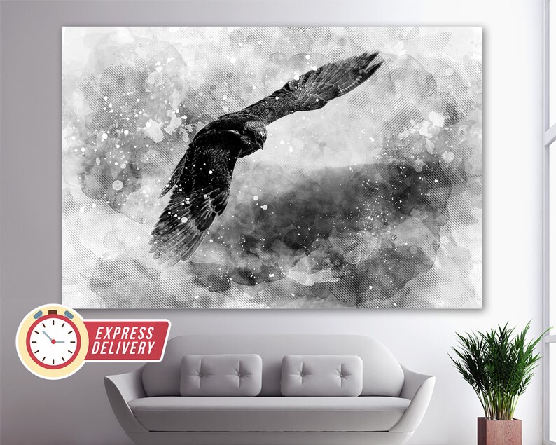 May include: A black and white watercolor painting of a hawk in flight. The hawk is silhouetted against a cloudy sky with a watercolor background.