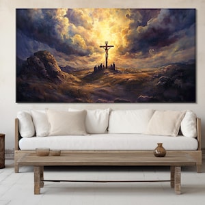 The Crucifixion of Jesus On the hill of Golgotha Painting Printed on Canvas, Biblical Scene Canvas Print, Jesus on the Cross Painting Print