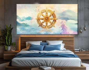Lienzo con acuarela de la Rueda del Dharma, decoración de pared budista, arte mural budista