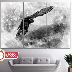 May include: A black and white watercolor painting of a bird in flight. The bird is silhouetted against a cloudy sky with a speckled background.