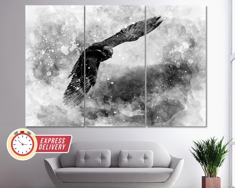 May include: A black and white watercolor painting of a bird in flight. The bird is silhouetted against a cloudy sky with a speckled background.