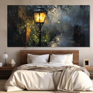 Victorian Street Lamp Painting Printed on Canvas, Victorian England Wall Art, Dark Academia Painting, Rainy Wall Art, Gothic Wall Decor