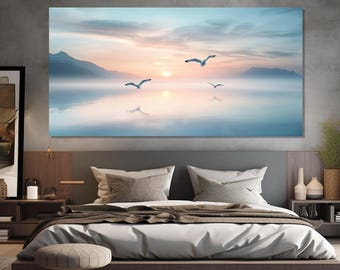Impresión en lienzo de gaviotas volando sobre el mar azul al atardecer, pintura náutica escénica, arte mural náutico, pintura de gaviotas, impresión en lienzo náutico