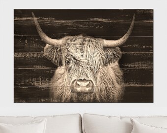 Sepia Highland Cow on a Dark Wooden Background Canvas Print, Modern Minimalism, Fashion Gift, Cow Wall Art