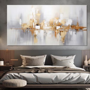 Abstract White And Gold Brush Painting Printed on Canvas, Contemporary Gold Wall Art, Abstract Canvas Art, Luxury Wall Decor, Soft Tones Art