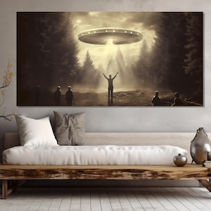 UFO Retro Style Canvas Print, Alien Abduction Poster, UFO Wall Art, Alien Painting, Flying Saucer Retro Poster, Flying Saucer Canvas Print