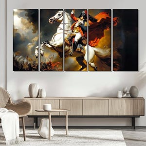 May include: A multi-panel canvas print depicting a man on horseback. The man is wearing a red and gold uniform and a red cape. The horse is white and is rearing up on its hind legs. The background is a dramatic sky with clouds.