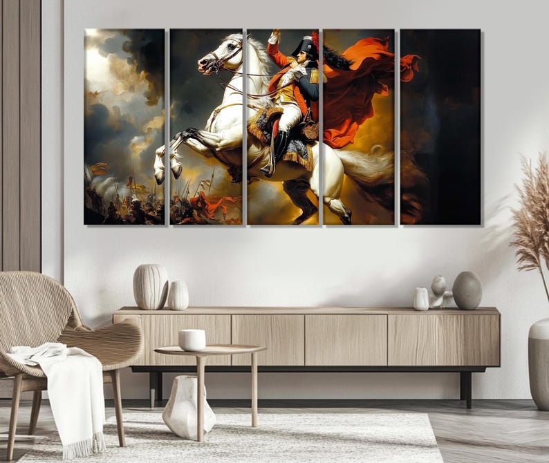 May include: A multi-panel canvas print depicting a man on horseback. The man is wearing a red and gold uniform and a red cape. The horse is white and is rearing up on its hind legs. The background is a dramatic sky with clouds.
