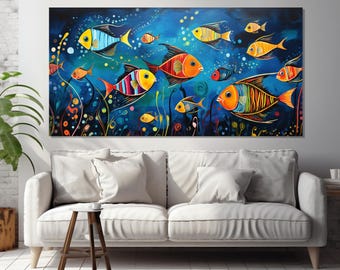 Bunter Fisch Druck auf Leinwand, Abstrakte Fisch Wandkunst, Unterwasser Leinwand Druck, Aquarium Fisch Poster