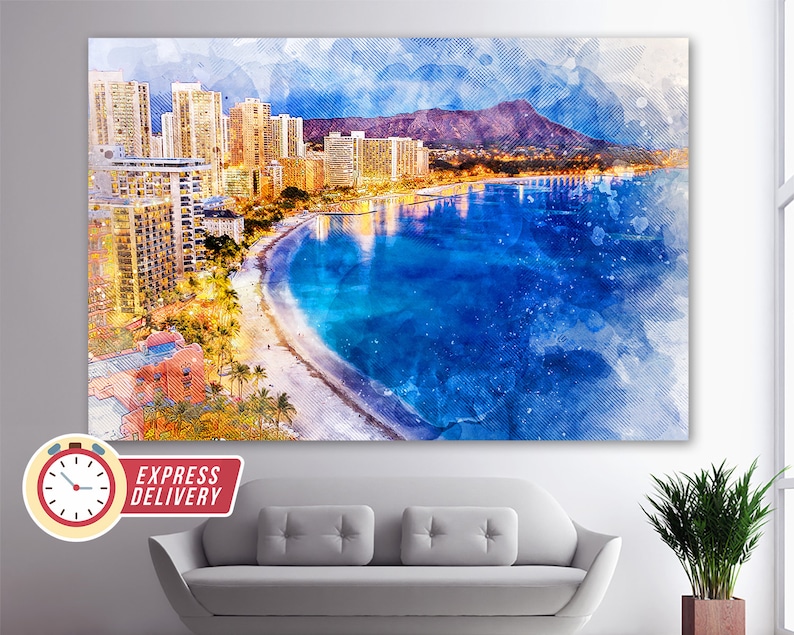 Hawaii Skyline Hawaii Bay Hawaii Canvas Art Hawaii Wall Etsy