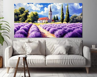 Lavender Field Watercolor Painting Printed on Canvas, Lavender Farm Canvas Print, Lavender Poster, Purple Wall Decor