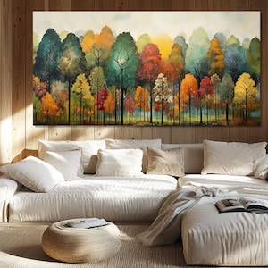 Bunter Wald Aquarell Malerei auf Leinwand gedruckt, Wald Wandkunst im skandinavischen Stil, abstraktes Wald Poster, bunte Bäume Leinwandkunst