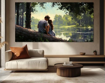 Impresión en lienzo de pareja romántica en un lago, arte mural romántico, arte de amor, impresión de pareja en el bosque, decoración de pared romántica