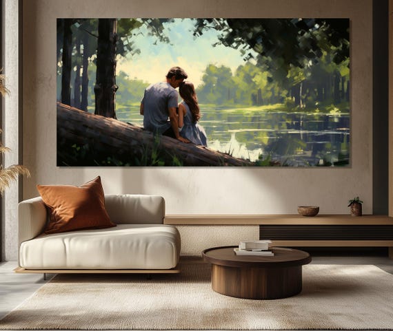 Painting Of A Couple Sitting On A Rock Looking Out Over A Lake ...
