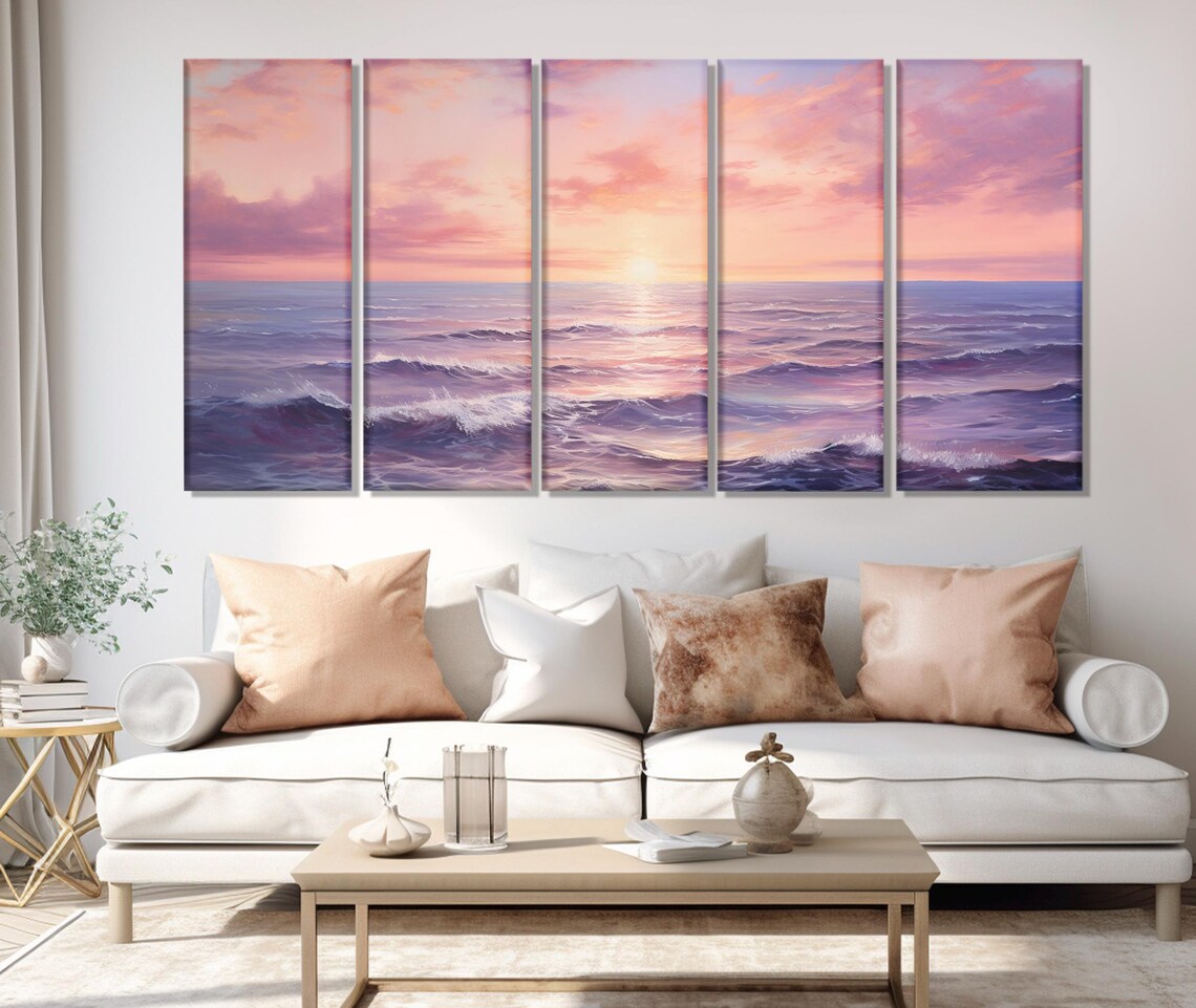 Beautiful Pink Sunset Seascape Painting Printed on Canvas, Scenic Sea ...