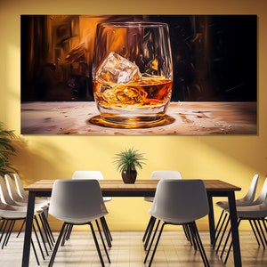 Whiskey Wall Art, Glass of Whiskey Painting Printed on Canvas, Whiskey Canvas Print, Kitchen Wall Decor, Restaurant Decor, Alcohol Wall Art