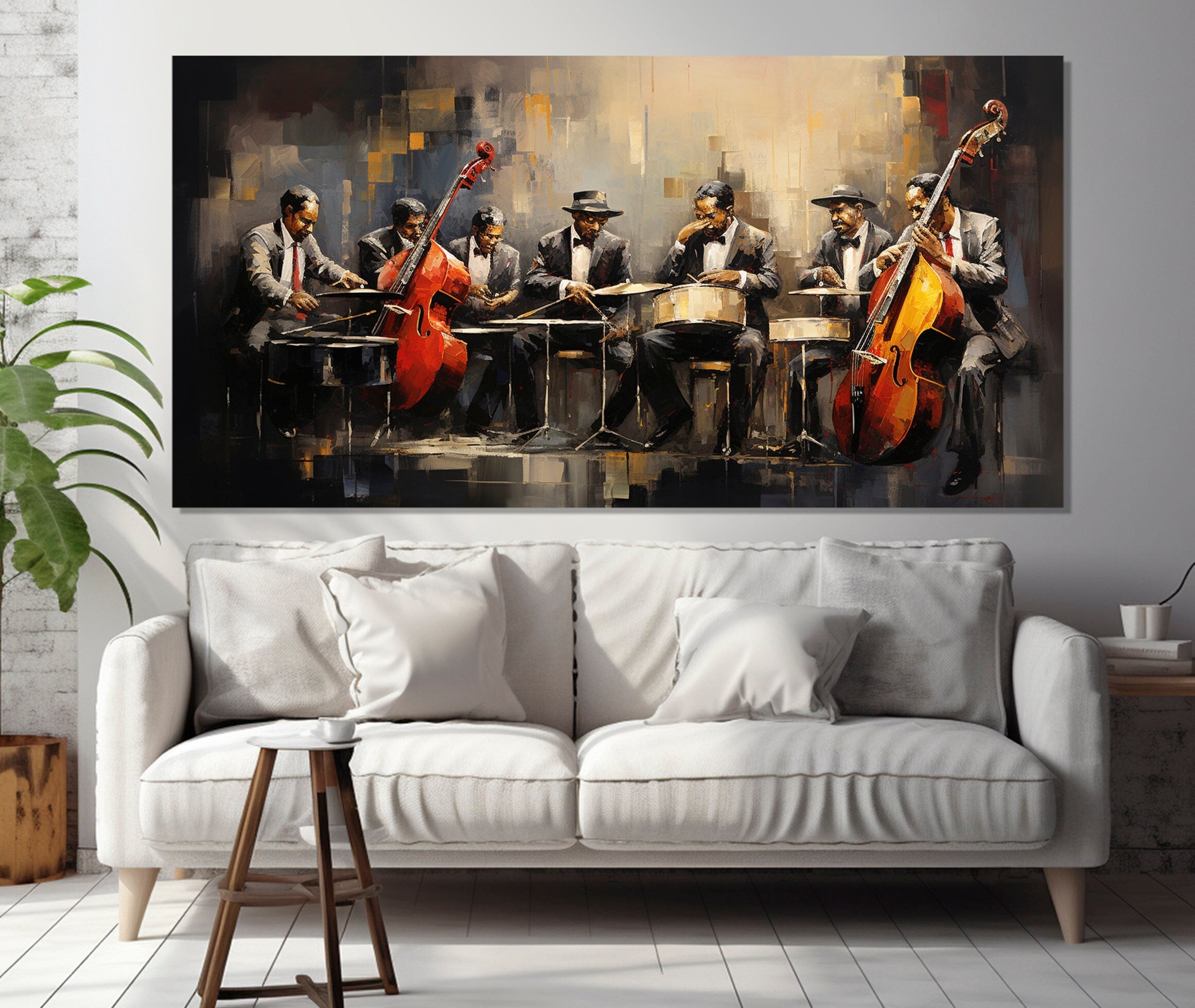 Jazz Band Vintage Gemälde auf Leinwand gedruckt, Abstrakte Jazz Wandkunst, Musik Leinwandkunst, Musiker Geschenk, Jazz Band Poster, Jazz Club Decor
